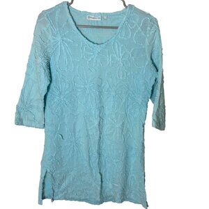 Lulu-B Aqua Textured Floral Cotton Top Small 3/4 Sleeve Coastal Resort - Flaw